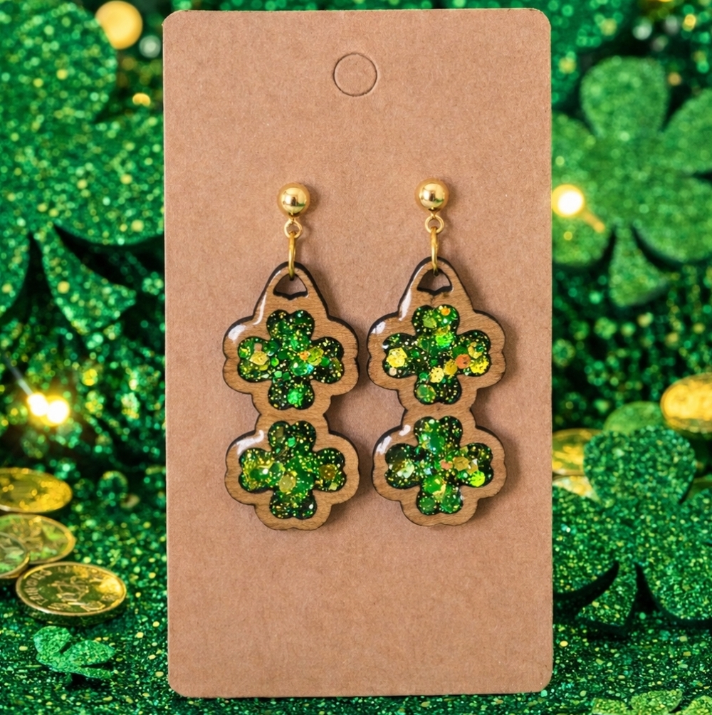 Handmade Resin Glitter Double Shamrock Earrings